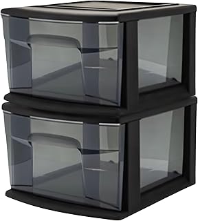 HOMZ 2-Pack 1-Drawer Storage Cart, Plastic Container w/Smoke Tint, 14.25" Wide Medium, Black Frame - Organizing Drawer Containers for Home, Bathroom, Bedroom, Office, and Classroom