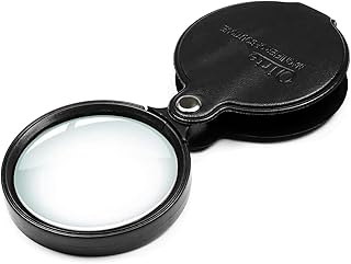 10x Small Pocket Magnifier Glass, Qirte Mini Folding Magnifying Lenses with Rotating Protective Leather Sheath for Seniors Reading, Inspection, Kids for Exploration, Elder Gift, 2 3/8'' Lens Size