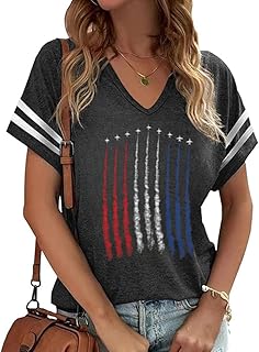 American Flag Shirts Women 4th of July V-Neck Short Sleeve Patriotic T-Shirt Memorial Day Graphic Tee Independence Day Tops