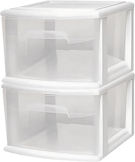 HOMZ 2-Pack 1-Drawer Storage Cart, Clear Plastic Container, 14.25" Wide Medium, White Frame - Organizing Drawer Containers for Home, Bathroom, Bedroom, Office, and Classroom