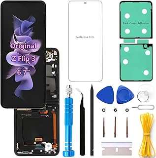 Original 6.7" AMOLED 120Hz Z Flip3 Screen Replacement OEM for Samsung Galaxy Flip 3 5G SM-F711U SM-F711U1 Inner Foldable Touch Display Screen Digitizer Assembly (Black Frame+Protector+Adhesive+Tools)