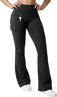 Yoga Flare Leggings for Women 6 Cargo Pockets High Waist Tummy Control Travel Pants Adjustable Work Bootcut Leggings