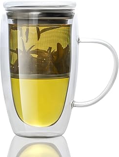 Double Wall Glass Tea Mug with Infuser and Lid, 14 oz / 400 ml Borosilicate Glass Tea Cup with 304 Stainless Steel Fine Mesh Infuser, Durable Insulated Tea Cup, Gift for Tea Lovers