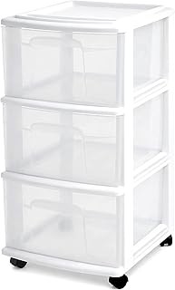 HOMZ Drawer Tower, 3-Tier Rolling Storage Cart with Removable Wheels, White Frame – Plastic Organizer with Clear Bin Drawers for Bedroom, Bathroom, Home Office, and Dorm Room