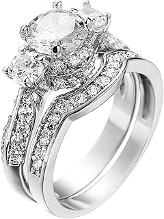 Wedding Band Engagement Ring Set for Women Round White AAA Cz Size 4-12