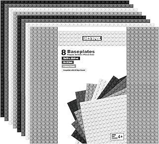 Building Bricks Baseplates Multipack 32x32 Stud, 8 Pack of Base Plates in Color of Black, Dark Grey, Light Grey & White, Foundation & Display for Building Blocks, 10x10 in. (25.5x25.5 cm)