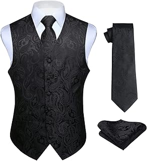 Mens Vest Tie Set 3PC Formal Waistcoat Paisley Floral Jacquard Necktie Pocket Square Suit Vests Wedding Party