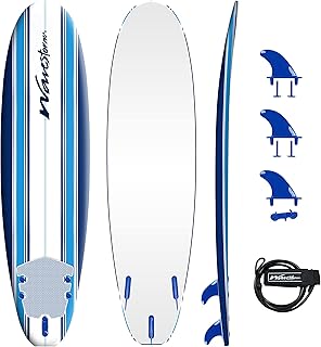Wavestorm - Classic Soft Top Foam 7ft Surfboard Surfboard for Beginners and All Surfing Levels Complete Set Includes Leash and Multiple Fins Heat Laminated, Blue Pinline (AZ22-WSSF700-PIN)