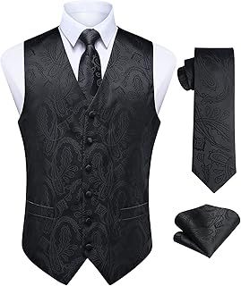 Mens Suit Vest Set 3PCS Paisley Tuxedo Vest & Tie Pocket Square for Wedding Prom Party Formal Business