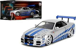 Toys Fast & Furious Brian’s 2002 Nissan Skyline R34 Die-cast Car, 1:24 Scale, Silver & Blue