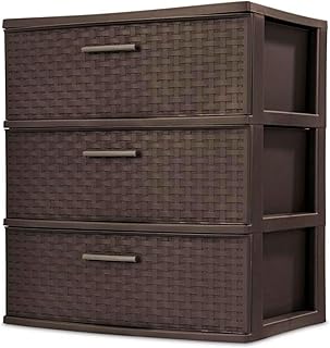 Sterilite Wide 3 Drawer Weave Tower Home Plastic Organizer with Handles, Espresso - Tall Vertical Storage Unit for Bedroom, Closet, Bathroom, Dorm Room, and Office Organization