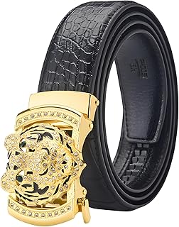 Luxury Men's Belts Gold Tiger Head Automatic Buckle Alloy, PU Leather Men Waist Strap, Slide Easier Adjustable Belt, Cut To Fit, Men Dress Casual Ratchet Belt (49in)