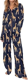 Satin Pajamas Set for Women Set Long Sleeve Button Down Pjs Sets 2 Piece Loungewear Animal Sleepwear XS-XXL