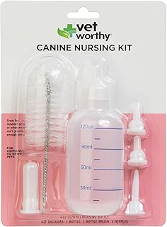 Vet Worthy 6-piece Canine Nursing Kit – 4oz Reusable Puppy Feeding Bottle with 4 Nipples and 1 Cleaning Brush – Newborn Puppy Bottles for Nursing Puppy Milk and Feeding – Suitable for Small Animals