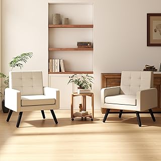 Accent Chair for Living Room Set of 2, Mid-Century Modern Comfy Upholstered Armchair with Large Seat, Single Sofa Reading Chair, 496 Lb. Weight Capacity, for Bedroom, Apartment, Cream