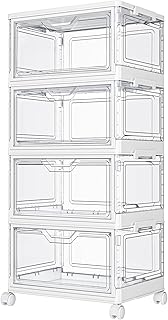 Kmiectse Clear Storage Bins with Lids - 4 Tier Plastic Bins with Wheels, Stackable Storage Bin, Closet Organizers Box for Bedroom, Living Room, 23 QT Folding Box with Magnetic door