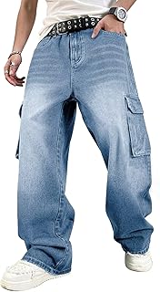 Mens Baggy Cargo Jeans for Men Women Y2k Skater Vintage Plain Pants Casual Wide Leg Jeans Loose Fit Denim Jeans