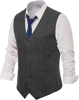 Men's Herringbone Tweed Suit Vest Casual Wool Blend Waistcoat