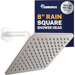 HammerHead Showers Solid Metal 8 Inch Square Rainfall Shower Head, High Flow Shower Head Optimized for Pressure, Brushed Nickel, 2.5 GPM