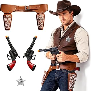 Cowboy Holster Gun Set,Western Cowboy Guns with Holsters,Brown Prop Gun for Western Cowboy Accessory,Halloween Party,2 Fake Guns,2 Gun Holsters and 1 Badge