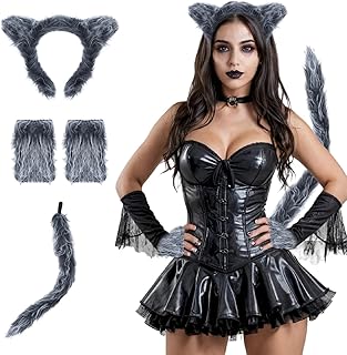 Werewolf Costume Set Wolf Mask Tail Gloves Faux Fur Animal Cosplay Accessories Halloween Costume Party Dress Up