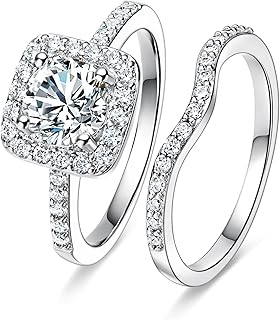 18K White Gold Plated Cubic Zirconia Two-in-One Halo Wedding Engagement Promise Eternity Ring for Women