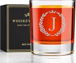 Personalized Fathers Day Whiskey Glasses Gifts for Men Dad Husband Grandpa, Monogrammed Engraved A-Z 10.6 oz Rocks Glass Customized Gift, Unique Birthday Gifts for Men Him Dad Husband Brother Son (J)