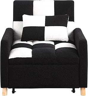 3-in-1 Convertible Chair Bed Sleeper, Soft Teddy Fabric Sleeper Chair Pull-Out Bed, Single Futon Armchair for Small Space, Panda Plaid