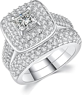 2 Piece Wedding Ring for Women 1 Carat Princess Cut Cubic Zirconia Engagement Promise Bridal silver Band Fashion Cute White Gold Plated Ring Set Gift Jewelry