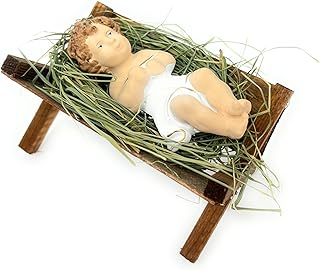 3.5" Tall Baby Jesus Christ Figure in Wooden Manger Laying on Natural Hay | Figurine Doll for Nativity Sets | Holy Gift