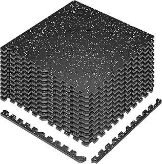 Interlocking Exercise Equipment Mats, 0.56" Thick 12 Tiles (48 Sq Ft) - Rubber Top Gym Flooring with High Density EVA Foam, Heavy Weight Workout Mats for Home GymFloor Protection,Black/White