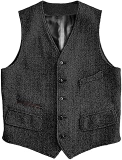 Mens Vintage Classic Herringbone Pattern Suit Vest V Neck Casual Wool Blend Waistcoat for Men