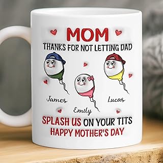 Personalized Thanks For Not Letting Dad Splash Us on Your Tits Mug, Funny Mother’s Day Mug, Custom Kids Names Coffee Mug for Mom, Humorous Mom Gifts from Kids, 3D Inflated Effect Ceramic Mug