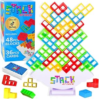 Stack Attack Tower Game, Fun Balance Games for Kids & Adults, Family Game Night Building Block and Stacking Gifts, Includes 48 Pcs & 36 Cards, Novelty Toy Gift