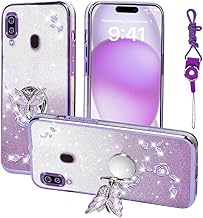 for Samsung Galaxy A20 Phone Case,for Samsung A30 Mobile Phone Case for Women and Girl, Glitter Butterfly Floral TPU Protective Cover with Kickstand+Strap for Samsung A20/A30 (Purple)