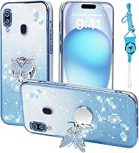 for Samsung Galaxy A20 Phone Case,for Samsung A30 Mobile Phone Case for Women and Girl, Glitter Butterfly Floral TPU Protective Cover with Kickstand+Strap for Samsung A20/A30 (Blue)