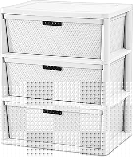 Wide 3-Drawer Plastic Storage Tower, Cross-Weave Decorative Organizer Chest with Removable Bins and Easy-Pull Handles for Closet, Bedroom, Dorm, and Office, White