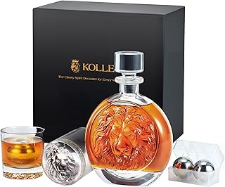 Engraved Lion Whiskey Decanter Set Gift for Men, Including 2 Lion-Engraved Shot Glasses & 2 Whiskey Ice Balls, Unique Christmas Birthday Gifts for Men Dad Husband, Cool Whiskey Set for Husband Brother
