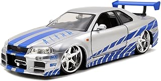 Toys Fast & Furious Brian’s 2002 Nissan Skyline R34 Die-cast Car, 1:24 Scale, Silver & Blue