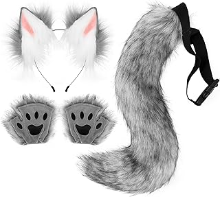 HAOAN Faux Fur Wolf Ears Headband Fox Tail and Paw Gloves Set Cosplay Halloween Costume Accessories