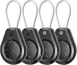 Waterproof AirTag Keychain Holder - (4 Pack) Air tag Lock Case with Wire Cable Compatible with Apple AirTags, Ultra Durable Anti-Lost Protective Case with Keyring for Luggage, Key, Backpack, Black