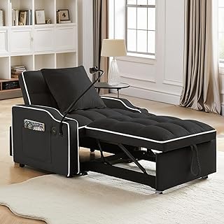 Sleeper Sofa Chair Bed 3 in 1 with Charging Ports, Phone Holder & Cup Holders - Modern Velvet Convertible Pull Out Single Sofa Bed for Small Spaces, Apartment, Dorm (Black)