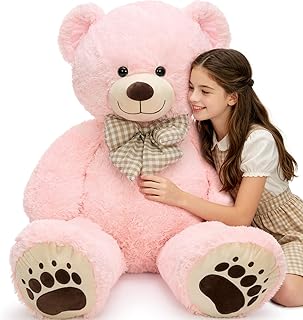 Giant Teddy Bear 4 Feet, Pink Lifesize Jumbo Soft Plush Stuffed Animal with Bow Tie & Big Belly for Kids Girls Boys, Oversized Hugging Bear Birthday Gift for Girlfriend Valentines Christmas