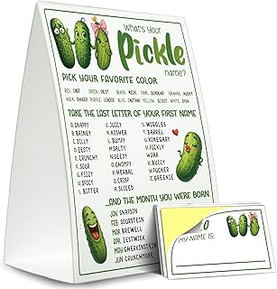 Pickle Party Decor,5×7 What is Your Pickle Name Game, Perfect for Birthday Party Activities 1 Standing Sign + 30 Stickers