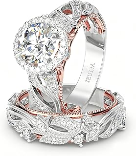 4 Carat Openwork Ring Sets for Women 925 Sterling Silver Wedding Sets Rose Gold Round Cut Halo Engagement Ring White Diamond band CZ Solitaire Anniversary Promise Rings