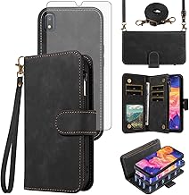 Asuwish Phone Case for Samsung Galaxy A10e Zipper Wallet Detachable Magnetic Cover with Tempered Glass Screen Protector Crossbody Lanyard Strap Card Holder Slot A 10e 10ae S102DL Women Men Girls Black