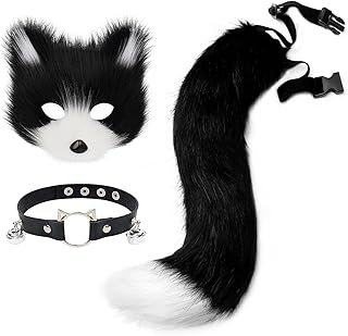 Faux Fur Fox Mask Wolf Cat Fluffy Tail and Leather Necklace Set Halloween Party Costume Accessory