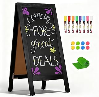 4 THOUGHT A-Frame Double-Sided Magnetic Chalkboard 40"x20", Solid Pine Wood Freestanding Sandwich Board for Restaurants, Cafes, Weddings (Black)