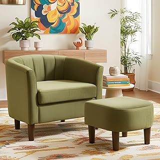 FDW Velvet Barrel Accent Chair with Ottoman, Modern Armchair with Ottoman Set, Comfortable Reading Chair for Living Room, Bedroom & Apartment Lounge, Green