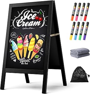 Chezerra A Frame Chalkboard Sign, 40"x20" Extra Large Sidewalk Chalk Board, Wooden Standing ChalkBoards Set with Markers, Double-Sided Magnetic Blackboard for Cafés, Weddings, Party Guide, Black